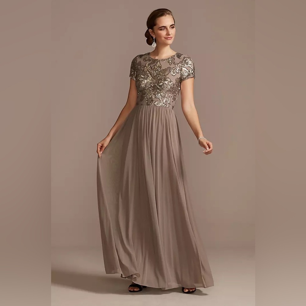 BETSY AND ADAM A-Line Dress with Floral Sequin Bodice in taupe size 14W